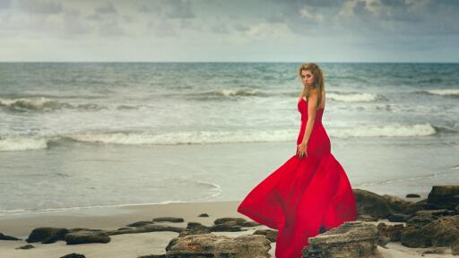 Girl red dress ocean beachUltra HD