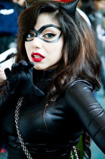 Catwoman cosplay black dress red lipstick