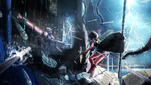 794971 anime girls battles bridges destruction fight izayoi sakuya lightning rain remilia scarlet ri