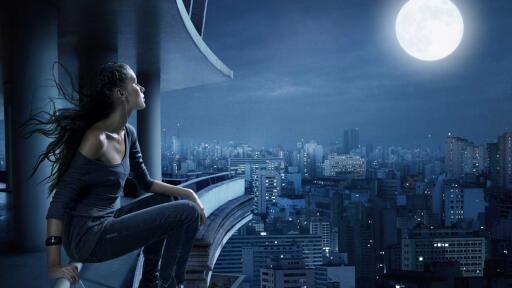 Lovely moonlight shining at night girl moon night balcony city loneliness 3621 3840x2160 UHD 4K Wall