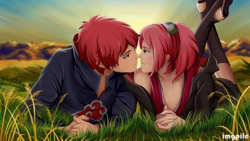 An anime couple with red hair kissing in the grass 3840x2160