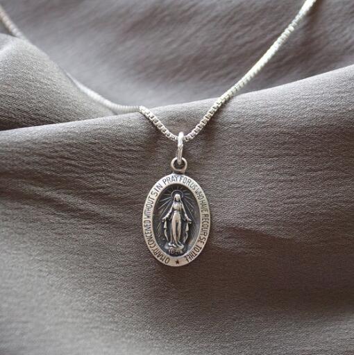 Sterling Silver Miraculous Mary Pendant - Antiqued Virgin Mary Pendant - Mini Tiny 3/4" Oval Pendant