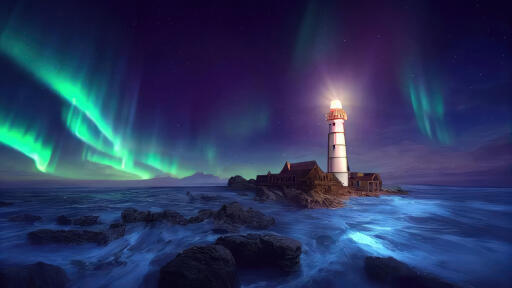 polar lighthouse aurora uo 5120x2880