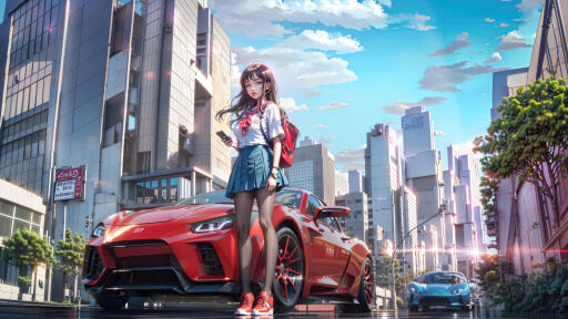 urban day anime school girl sneakers with cars 5k xb 5120x2880