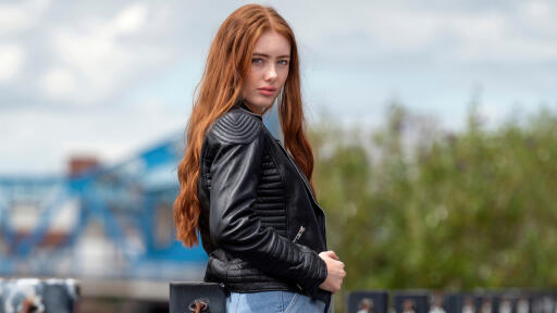 redhead girl black jacket 4k 34