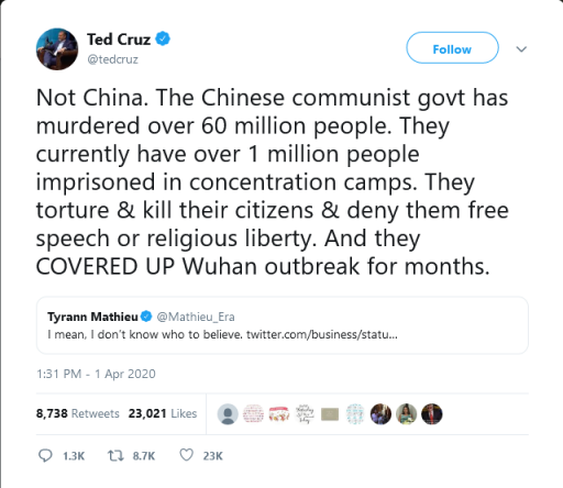 Screenshot 2020 04 15 Ted Cruz on Twitter Not China The Chinese communist govt has murdered over 60 