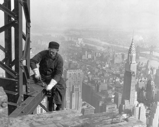 Workman on the Framework of the Empire State Building Lewis Hine Durova Wiki Commons