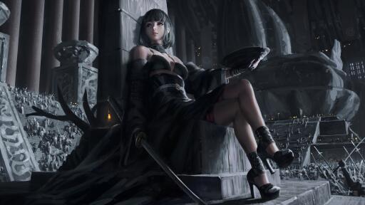black dress queen sitting on cemented throne r2 3840x2160