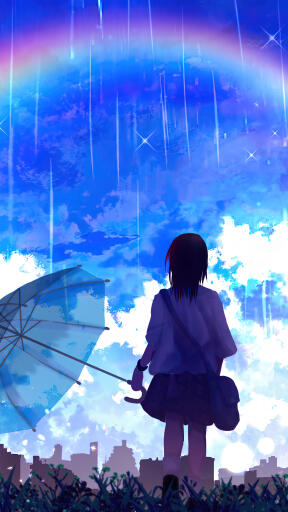 anime girl rainbow scenery raining umbrella uhdpaper.com 4K mobile 4.2403
