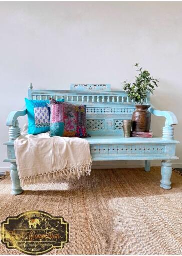 Vintage Blue Rustic Hand Carved Timber Indian Bench