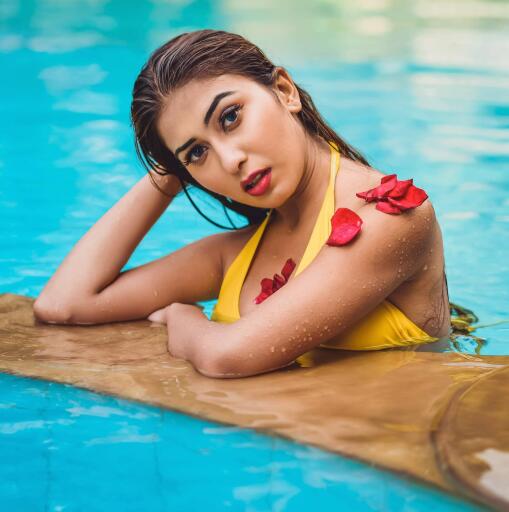 Ruma Sharma Yellow bikini on pool 1