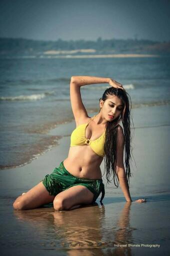 Ruma Sharma Yellow Bikini on beach 3