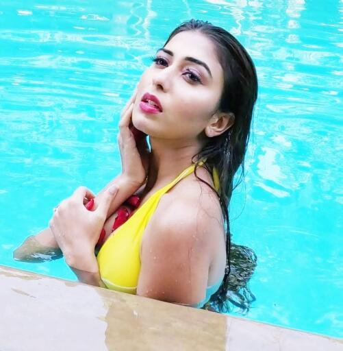 Ruma Sharma Yellow bikini on pool 12