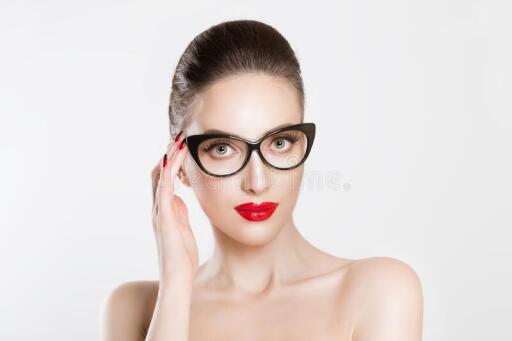 vision closeup attractive fashion sexy girl wearing eye glasses woman holding her pair glasses isola