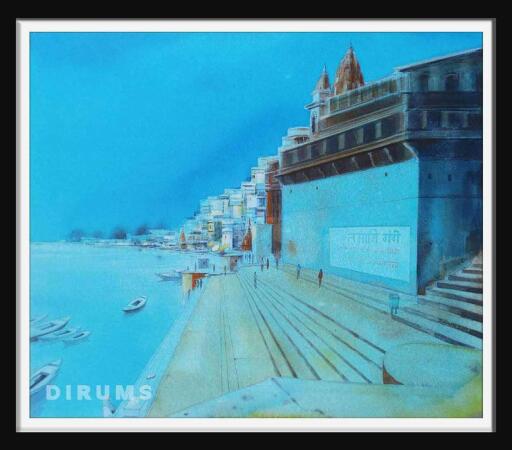 Varanasi Blues 3 Varanasi Ghat, Acrylic On Canvas Landscape Painting by Dipankar Ghosh