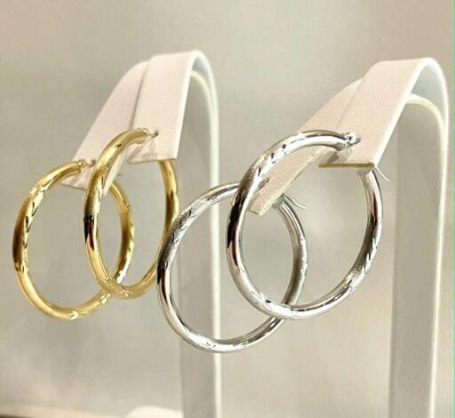 14K Gold Textured Hoop Earrings - 14K Solid Yellow Gold Hoops