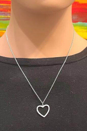Pave Diamond Heart Necklace - Sterling Silver Open Heart Necklace