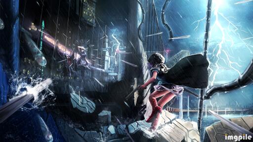 794971 anime girls battles bridges destruction fight izayoi sakuya lightning rain remilia scarlet ri