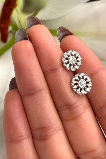 Diamond Cluster Sterling Silver Earrings - Simulated Diamond Cluster Earrings