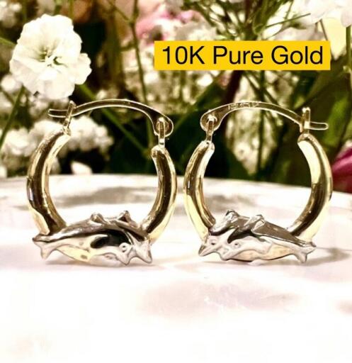 10K Gold Dolphin Earrings - 10K Two-tone Dolphin Earrings - Dolphin Earrings for Children Girls Kids