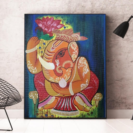 Original Lord Ganesh Ganpati Painting and Wall Art Acrylic On Board Size(Inch) 18 W x 24 H