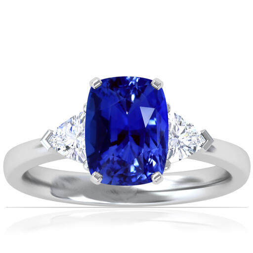 Blue Sapphire Three Stone Ring with Trillion Cut Side Diamonds