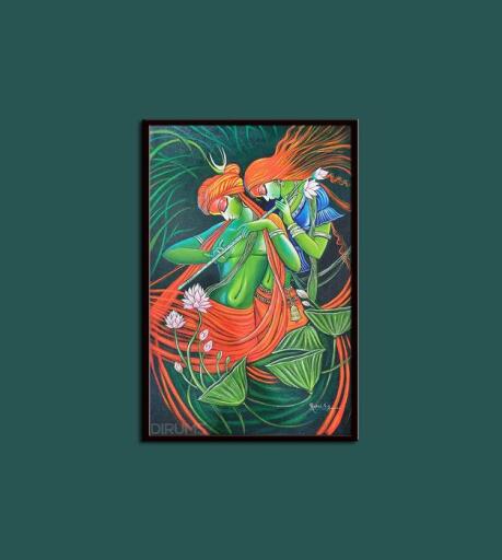 Radha Krishna Handpainted Green Theme Painting and Wall Art Acrylic On Canvas Size(Inch) 24 W x 36 H