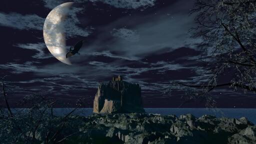 Lovely moonlight shining at night 3840x2160 bat night sea castle haunted caste mountain sky moon fan