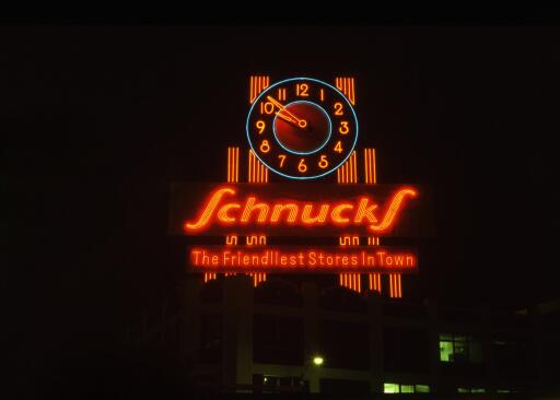 Night view of the Schnucks Dairy Neon Clock (1988)