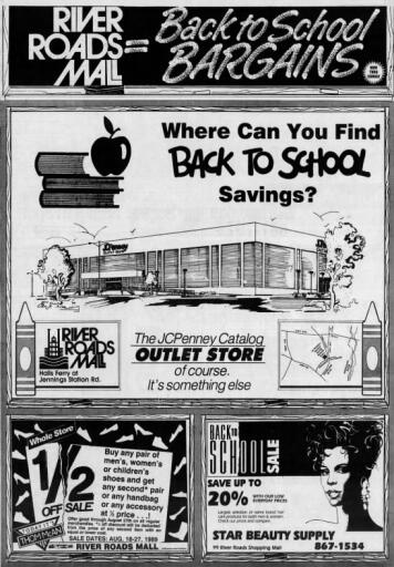 River Roads Mall Back to School bargains ad (1989)
