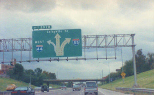 Interstate 55 North approaches Interstate 44 West/Lafayette St exit (1989)
