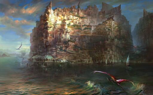 Torment Tides of Numenera Drawing Dragon Ocean cities sea water art fantasy waves 1920x1200