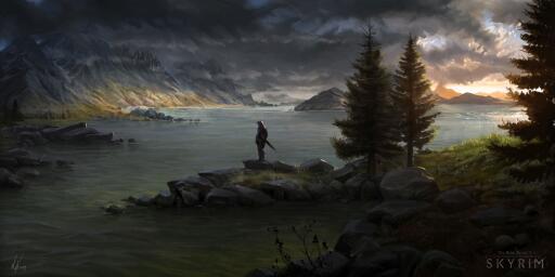 skyrim art painted landscape twilight man sword shield warrior river mountain tree