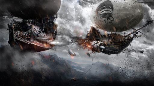 Steampunk Ships Battle Flight Fantasy sci fi art pirate pirates ship 6400x3600