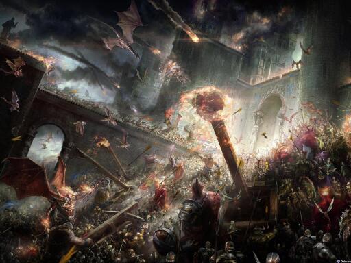 War castles dragons fantasy art battles artwork siege arrows ogre swords demon catapult HD Wallpaper