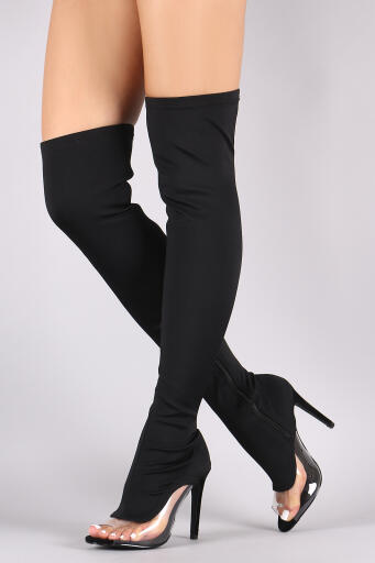 Thigh High Over Knee Open Peep Toe Clear High Heel Boots Black 2